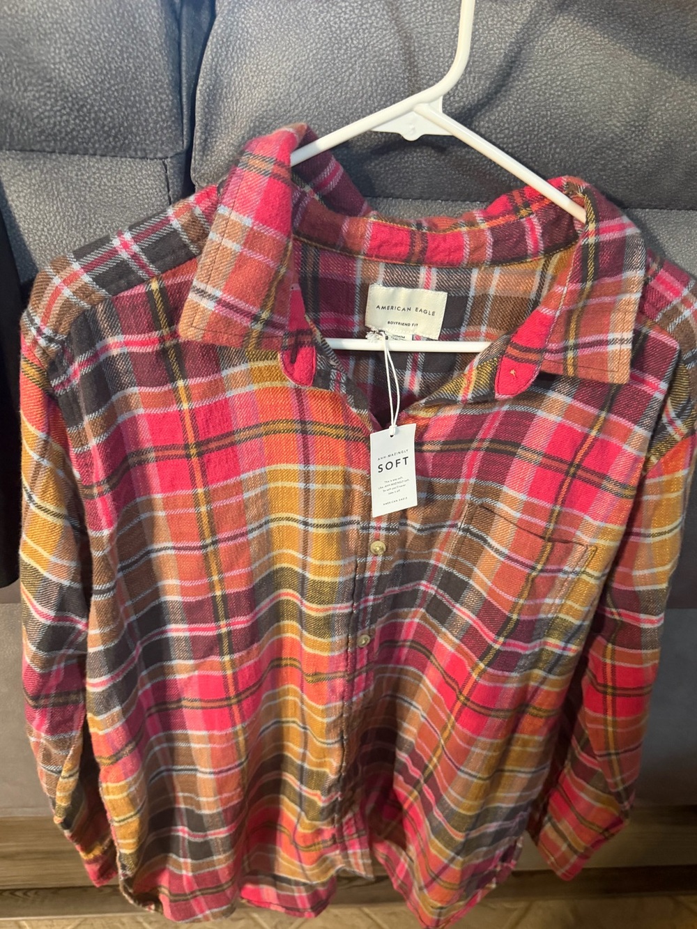 American Eagle Outfitters Plaid Button-Up Shirt in Pink, Mustard, Brown